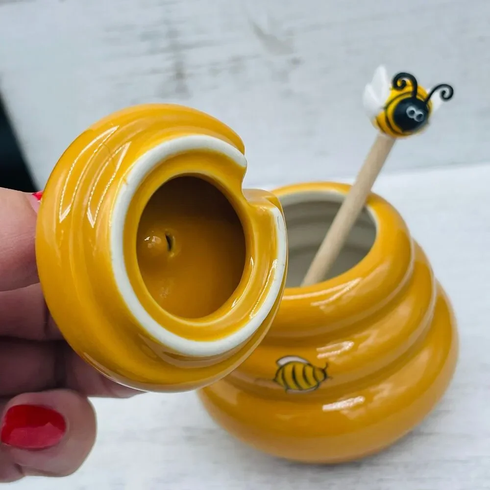 Vintage Ceramic Beehive Honey Pot Jar With Wooden Drizzler Dipper Server Set